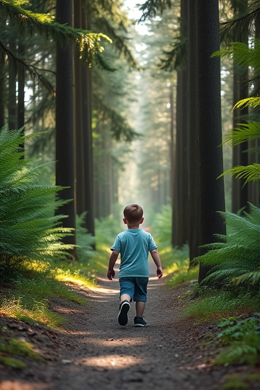 A young boy walking down a forest path surrounded by tall trees and ferns, soft morning light filtering through the leaves, captured with a Canon EOS R5, 50mm f/1.8 lens, f/4 aperture, ISO 200, 1/100 sec shutter speed, using a wide-angle perspective for depth and enhanced color vibrancy.