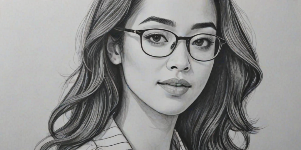 Sublime Aimee Garcia, pencil sketch, portrait of Attractive woman 1926s in glasses, hair style beatnik, outline, clear lines, fine lines, 8k