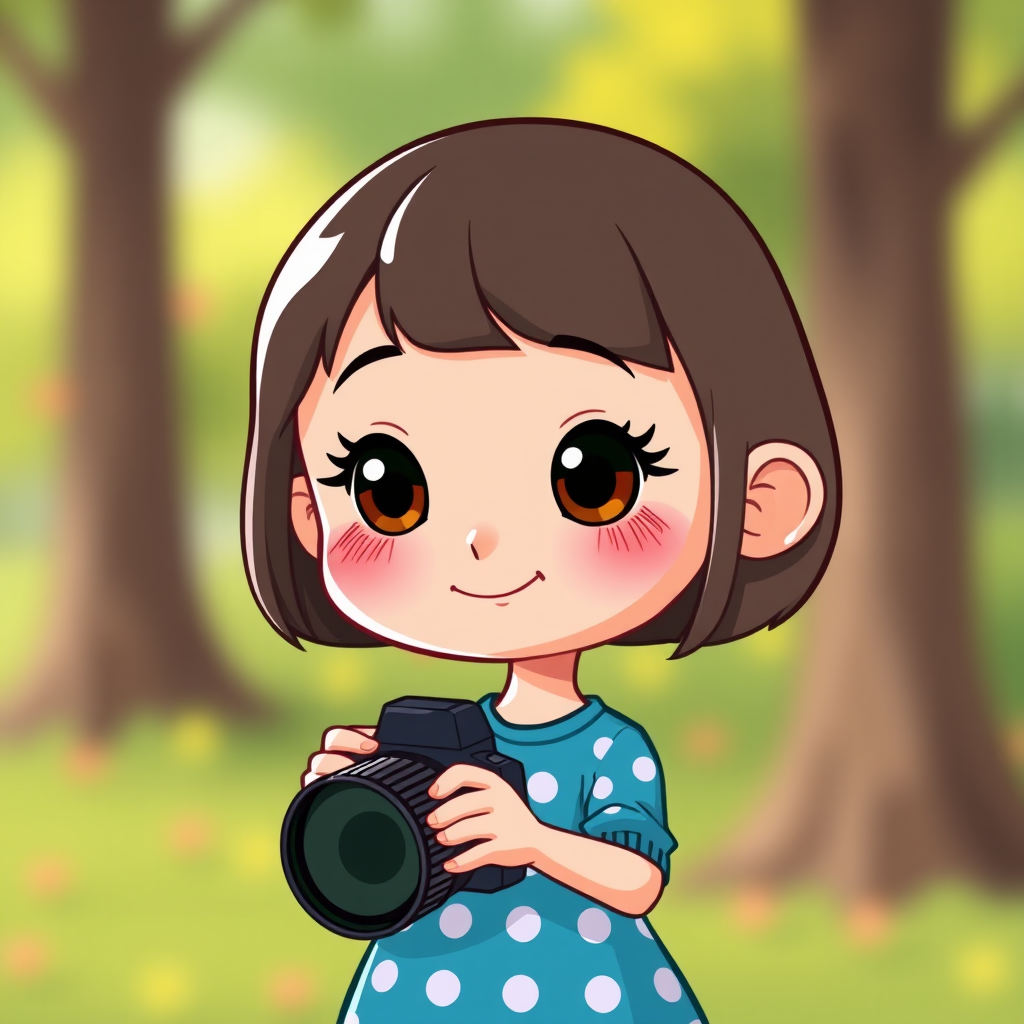Create a cute cartoon character of a girl with a bob haircut, wearing a polka-dotted blue dress, smiling softly, using a DSLR camera with a 50mm lens, f/1.8 aperture, ISO 100, natural soft lighting, from a straight-on view with a vibrant color palette.