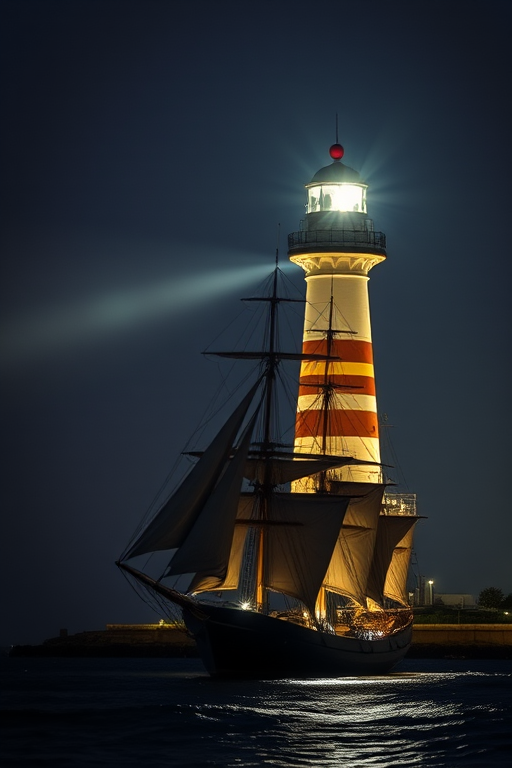 Create an image of a lighthouse illuminated at night with a sailing ship in the foreground, using a DSLR camera, f/8 aperture, ISO 100, 24mm lens, long exposure, and a soft focus style to enhance details and clarity.