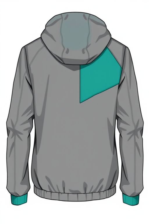 Generate a high-resolution illustration of a gray windbreaker jacket with a teal accent, using a DSLR camera, f/8 aperture, 50mm lens, soft lighting, and a slight angle view to enhance details and texture.