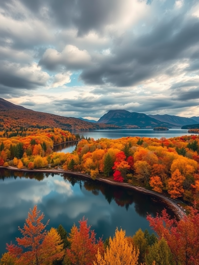 regenerate the image of a serene lake surrounded by vibrant autumn foliage with a dramatic sky, use a Canon EOS 5D Mark IV with an ISO of 100, aperture f/8, shutter speed 1/125 sec, 24mm lens, and soft diffused lighting for enhanced color saturation and clarity.