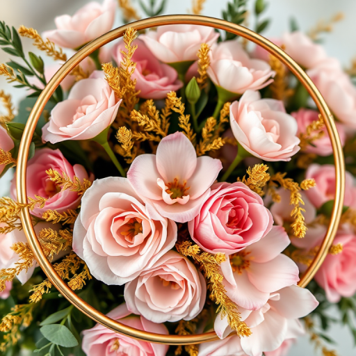 floral arrangement with a circular gold frame, soft pink and white flowers with golden foliage, high resolution, 50mm lens, f/2.8 aperture, natural light, macro photography, DSLR camera