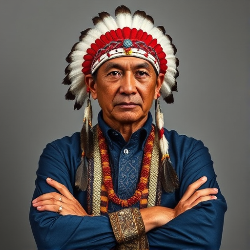 Create a dignified portrait of a Native American man dressed in traditional attire. He wears a beautifully crafted headdress adorned with white feathers and red beads, along with a beaded headband featuring intricate patterns. His clothing includes a deep blue, patterned shirt and a traditional chest piece with detailed beadwork. His arms are crossed, displaying leather armbands decorated with feathers. The background is simple and neutral, emphasizing his proud and stoic expression. The overall image captures the rich cultural heritage and strength of his persona.