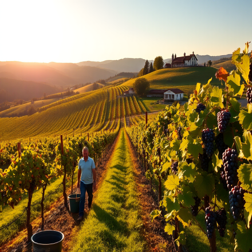 Scenic vineyard during the harvest season, with workers picking grapes under the warm sun, rows of vines stretching into the distance, and a picturesque farmhouse nestled among the hills.