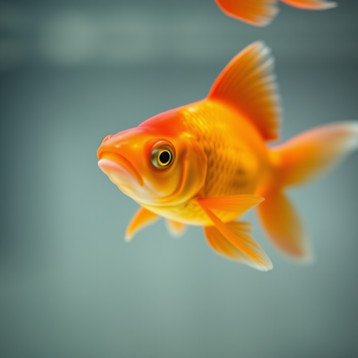 Capture a high-resolution image of an orange goldfish in clear water, using a macro lens at f/2.8 aperture, 1/200 sec shutter speed, ISO 100, shot from a side view at eye level with a DSLR camera to enhance detail and color vibrancy.