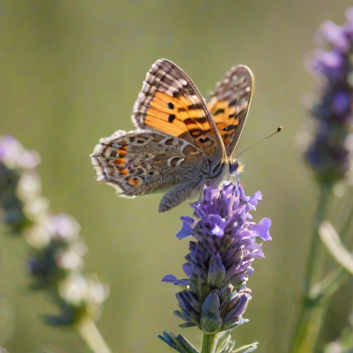 Softly focused close-up of a butterfly resting on a lavender flower, its delicate wings gently illuminated by soft morning light, with vibrant green foliage and distant wildflowers barely visible in the background.