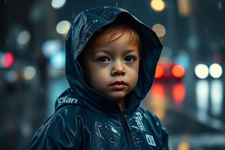 a somber child in a rain-soaked hooded jacket standing in the rain at night, illuminated by soft bokeh street lights in the background, captured with a Canon EOS R5, 50mm lens, f/1.8, ISO 400, shutter speed 1/100s, ambient low light for a moody effect, shallow depth of field to emphasize the subject