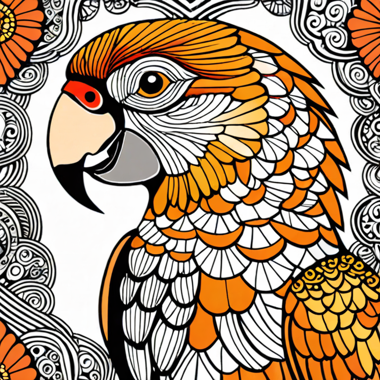 parrot, zentangle ornaments, geometry, head contour, light brown, white ...