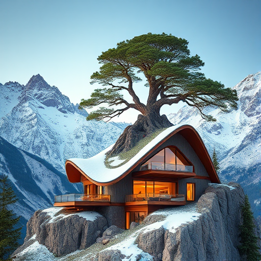 A futuristic mountain home integrated with nature, featuring a large tree on top, surrounded by snow-capped mountains, shot with a Canon EOS R5 at f/8, 1/200s, ISO 100, in a wide-angle view using HDR photography style for vivid detail and enhanced color contrast.