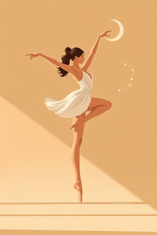 Generate an artistic illustration of a dancer gracefully balancing on one leg in a minimalist style, set against a smooth earthy-toned background, with a crescent moon and constellation outlined nearby, shot with a digital camera at f/2.8, ISO 100, 35mm lens, natural light for soft shadows and enhanced color depth.