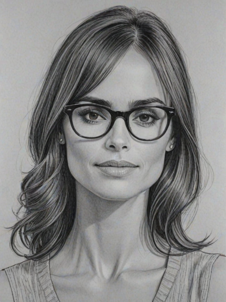 Gorgeous Jordana Brewster, pencil sketch, portrait of Graceful woman 1959s in glasses, hair style beatnik, outline, clear lines, fine lines, 8k