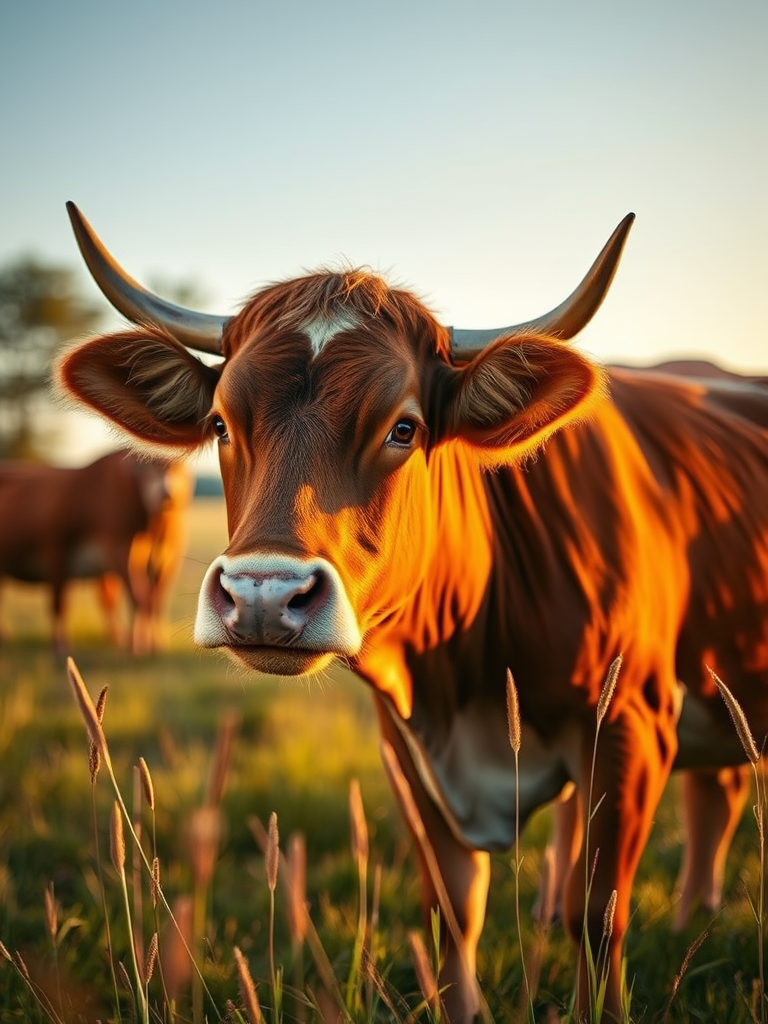 Generate a highly detailed illustration of a cow in a natural setting, using a canon EOS R5 camera with a 50mm lens, aperture set to f/1.8, ISO 100, shot at golden hour for warm lighting and enhanced contrast, with a shallow depth of field to bring focus to the cow while softly blurring the background.