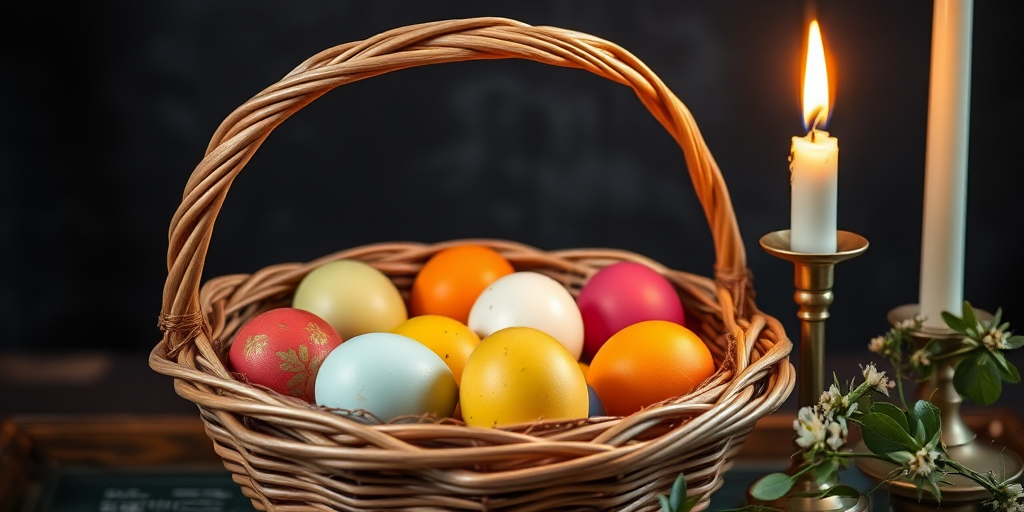Create a still life composition featuring a woven basket filled with colorful eggs and a lit candle, warm soft lighting, shallow depth of field, ISO 100, f/2.8, 50mm lens, natural light, dark textured background.