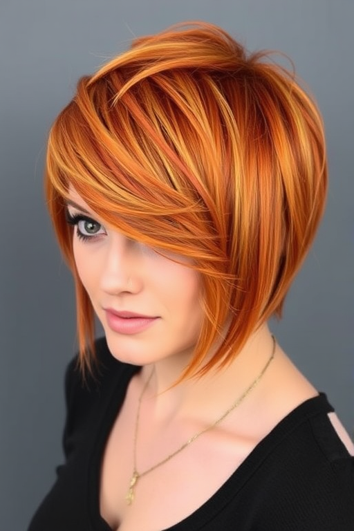Fiery orange hair cut into a textured pixie with long, side-swept bangs showcases the bold "Autumn Blaze" style, featuring subtle copper and gold highlights that create depth and warmth, evoking the rich colors of fall foliage and crackling bonfires