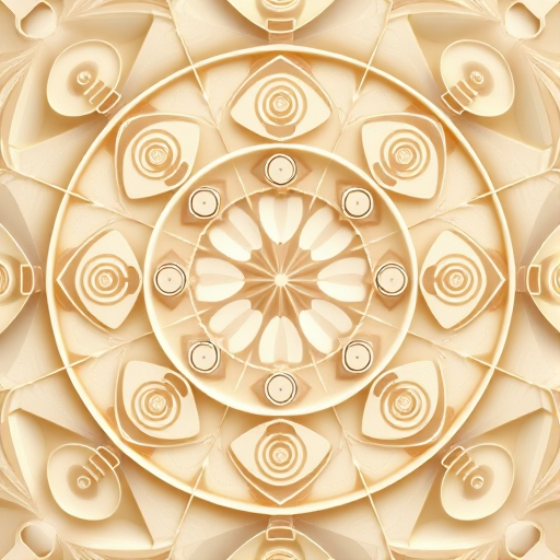 Create an abstract geometric pattern featuring intricate spiral designs and layered circular motifs in soft neutral tones, captured using a DSLR camera with a 50mm lens, f/1.8 aperture, ISO 100, and a soft-focus effect to enhance depth and detail.