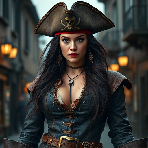 Create a portrait of a fierce female pirate. She wears a leather tricorn hat adorned with a skull and crossbones emblem, and her long, dark hair flows around her face. Her outfit consists of a richly detailed leather jacket, a corset, and multiple layers of belts and accessories, giving her a formidable and stylish appearance. She stands confidently in a dimly lit, historic port town, with a backdrop of weathered buildings and cobblestone streets, capturing the adventurous spirit of a pirate.