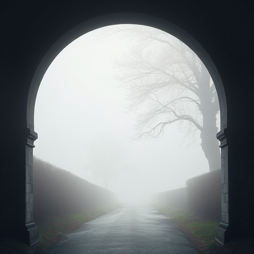 Generate an image of a foggy archway leading to a path with trees in the distance, using a DSLR camera type, 24mm focal length, f/8 aperture, ISO 200, captured in a wide angle view with high contrast and soft focus effect.