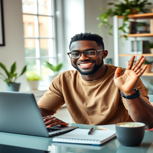 African American male, smiling, waving, eyeglasses, casual clothing, sitting at desk, laptop, home office, indoor, daylight, notebook, writing utensil, modern decor, house plants, bookshelf, natural lighting, cheerful expression, smartwatch, comfortable environment, clear focus, medium shot.