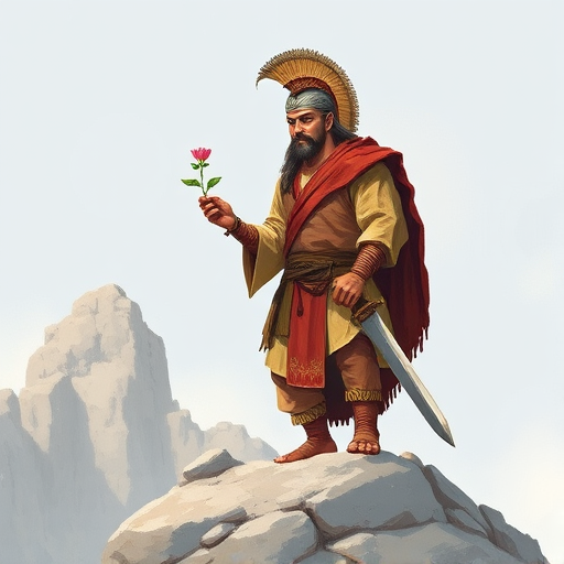 Create a detailed illustration of an ancient warrior holding a small flower, positioned on a rocky outcrop, wearing traditional clothing with a sword at his side; use a high-resolution digital camera with a 50mm lens, aperture set to f/8, shutter speed 1/250s, and natural lighting for a clear and vibrant image.