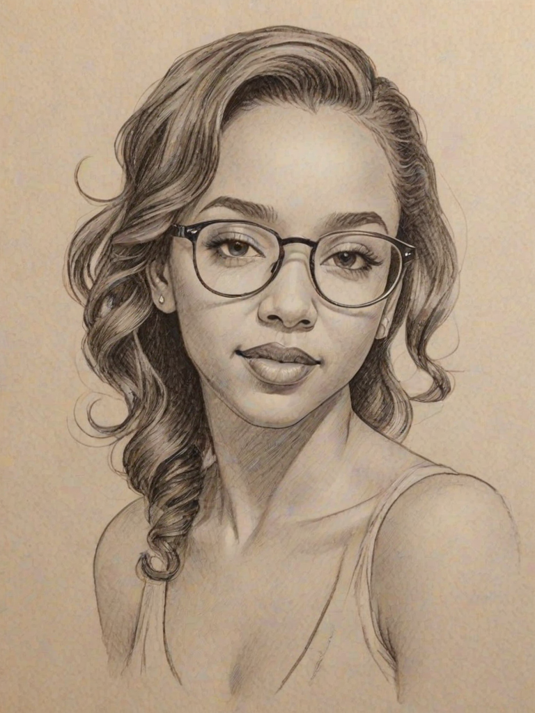 Comely Tinashe, pencil sketch, portrait of Captivating woman 1937s in glasses, hair style beatnik, outline, clear lines, fine lines, 8k