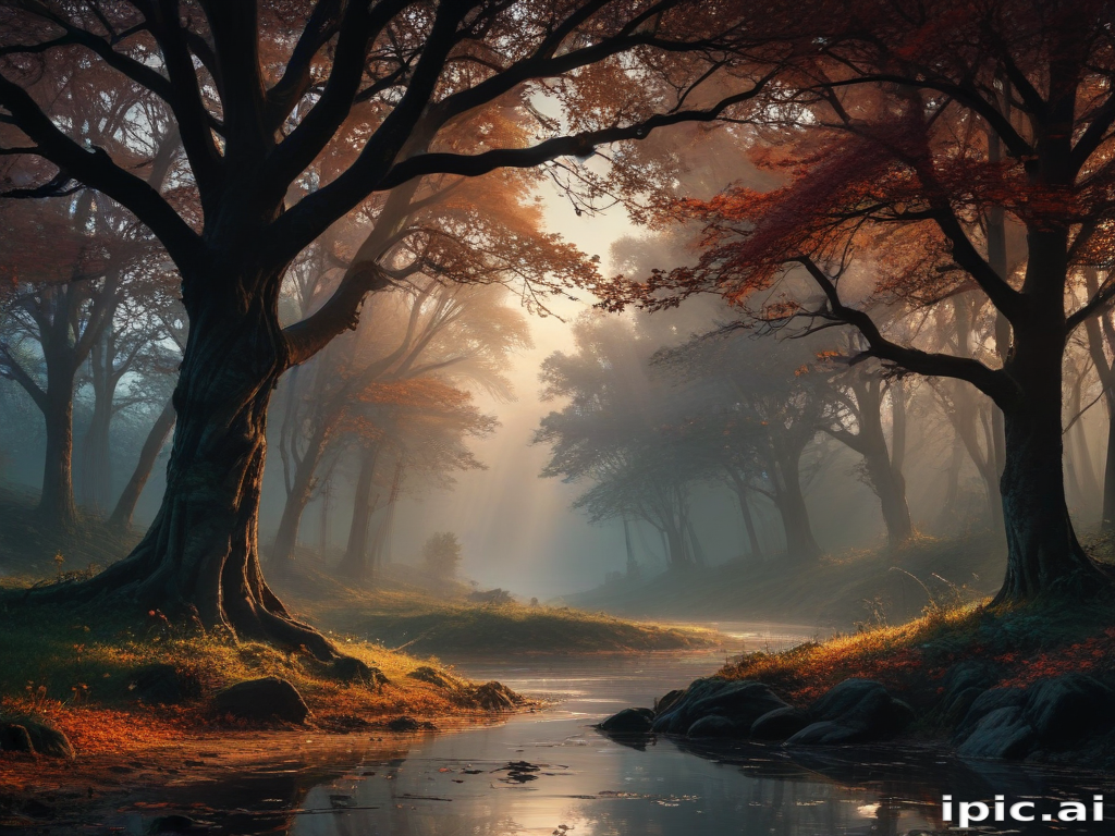 A Tranquil Autumn Forest Scene with Mist and Gentle Sunlight Streaming ...