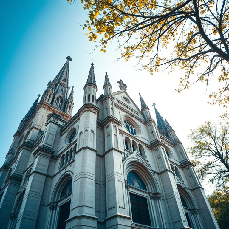 Capture a detailed image of a majestic cathedral from a low angle, using a DSLR camera with a 50mm lens, aperture set to f/8 for deep depth of field, ISO 100 for minimal noise, and a shutter speed of 1/200 seconds, ensuring vibrant colors and sharp details under soft daylight.