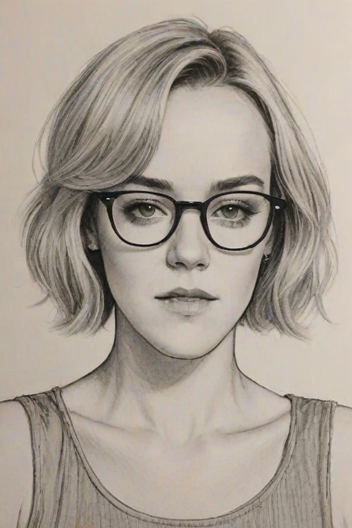 Alluring Jena Malone, pencil sketch, portrait of Sublime woman 1980s in glasses, hair style beatnik, outline, clear lines, fine lines, 8k