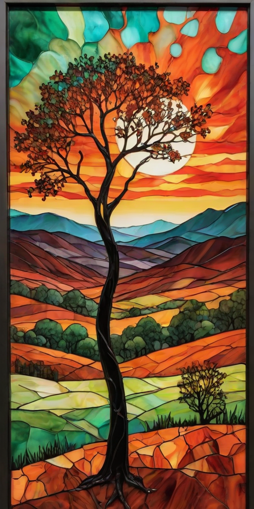 A vibrant abstract painting on Tiffany Glass, blending acrylic and alcohol ink techniques, captures a dramatic sunset over rolling hills. The artwork features a textured, rocky foreground in green and brown, layered abstract hills, and a striking sunset in rich oranges, yellows, and reds. A solitary black tree with intricate branches contrasts against the fiery sky, creating a dynamic and expressive portrayal of a breathtaking natural scene.
