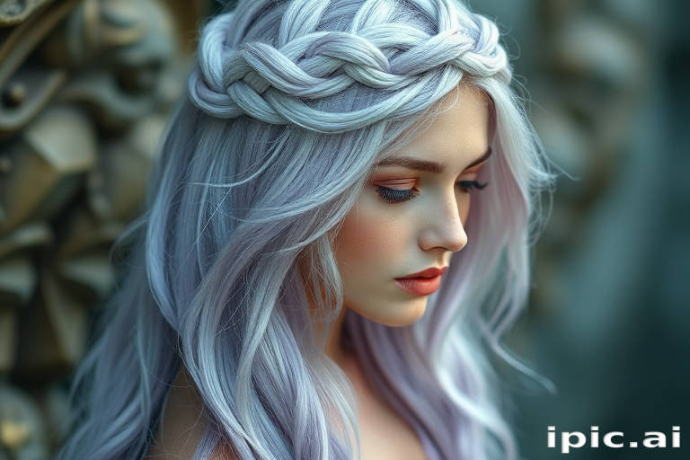 Mesmerizing silver-haired goddess with long, mermaid-like tresses, featuring subtle lavender highlights and intricate braided crown