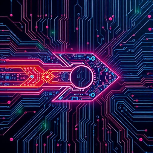 Create an image of a futuristic arrow design with integrated circuit board patterns, high resolution, taken with a DSLR camera, aperture f/2.8, ISO 100, 35mm lens, and a top-down view to emphasize the design details and vibrant color contrast.