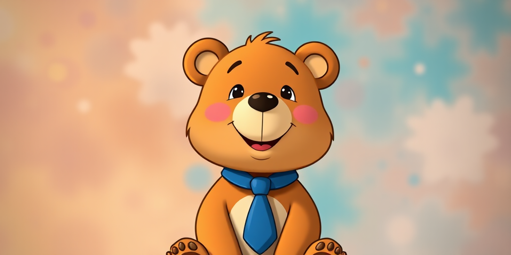 generate a cute cartoon bear wearing a blue tie, sitting upright with a cheerful expression, high-resolution, soft natural lighting, 50mm lens, f/2.8 aperture, DSLR camera, front view, colorful background