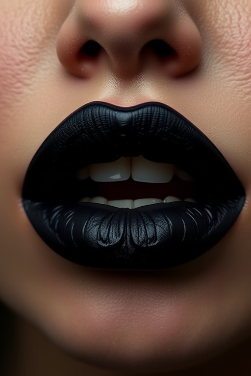 Edgy black "Midnight Eclipse" lipstick envelops full lips in intense, inky color with a satin finish, perfect for creating bold, statement-making looks
