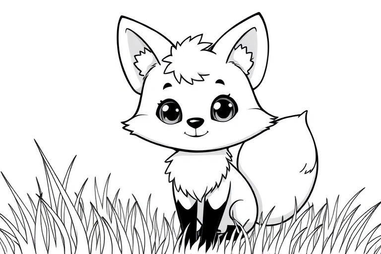 Generate a cute cartoon fox character with large expressive eyes and fluffy fur, standing in a grassy area, in a bright, high-contrast black and white line art style, shot with a Canon EOS R5, 50mm lens at f/2.8, ISO 100, 1/200s shutter speed, close-up view for intricate detail.