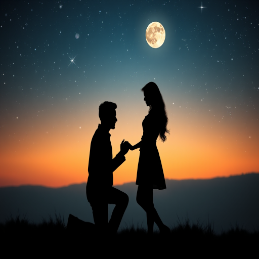 Create a romantic silhouette image of a man proposing to a woman under a starry night sky with a glowing moon in the background, using a DSLR camera with a 50mm lens, aperture f/2.8, ISO 100, and a wide-angle view to enhance the depth and details of the scene.