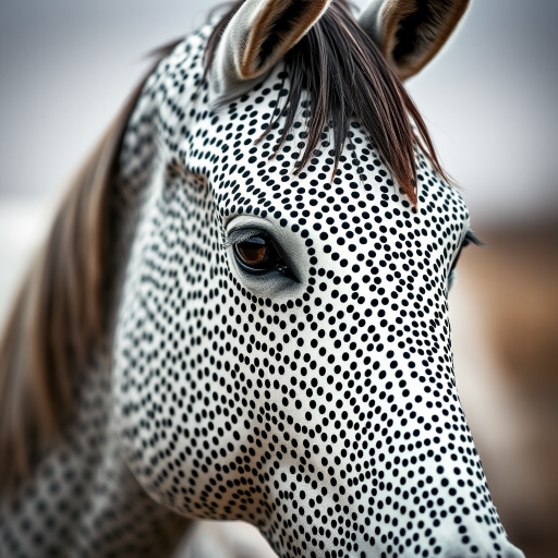 Regenerate an image of a stylized horse with intricate black and white dot patterns, shot with a Canon EOS 5D Mark IV at f/8, ISO 100, 1/250s, using a close-up view and a shallow depth of field to enhance detail and clarity.