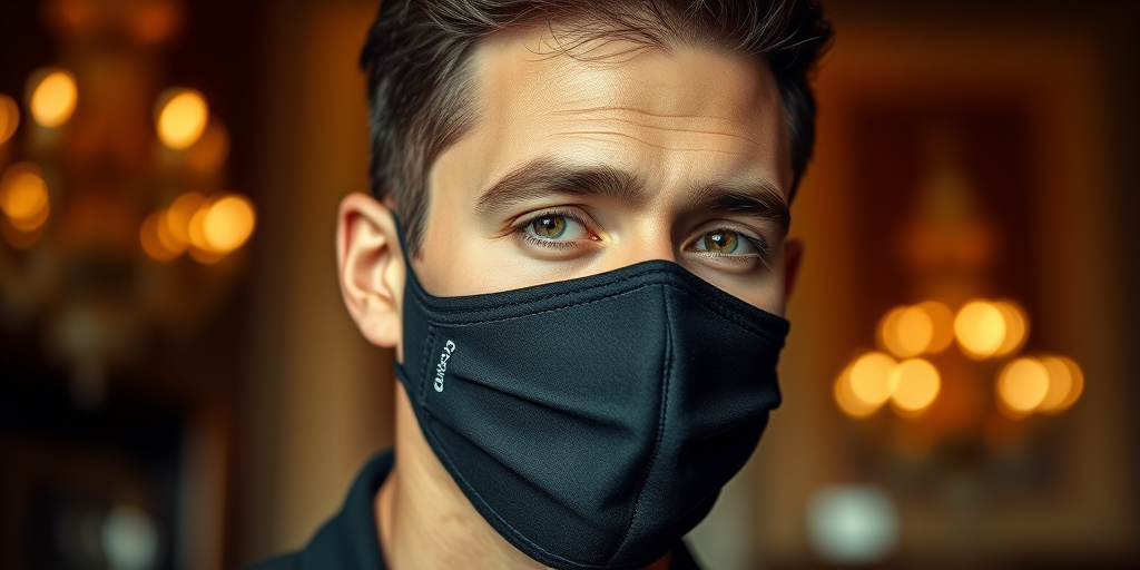 Generate a high-resolution portrait of a man wearing a half-black mask, with dramatic lighting and a blurred elegant background, using a Canon EOS R5 camera with a 50mm f/1.2 lens, aperture set to f/1.2, ISO 100, and a warm color palette to enhance facial features and textures.