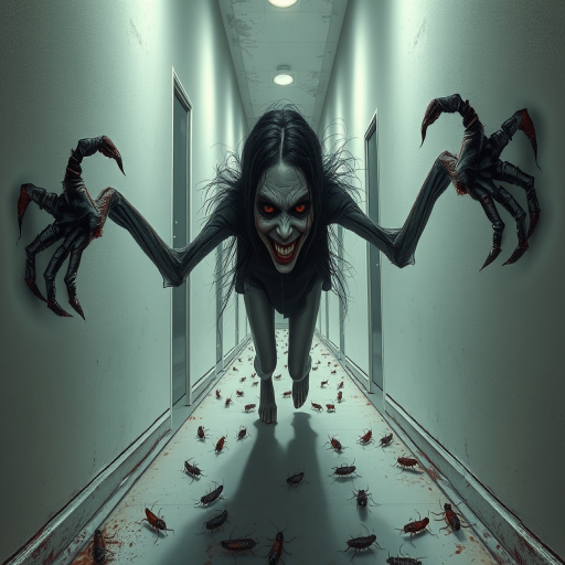 a crooked woman with long arms and a creepy smile is crawling along a long white corridor and you can also see cockroaches in it there is a creepy atmosphere creepy art style