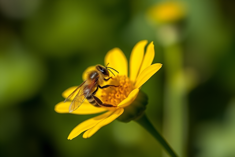 Capture a close-up shot of a bee hovering near a bright yellow flower with a blurred green background, use a Canon EOS 5D Mark IV, aperture f/2.8, shutter speed 1/1000s, ISO 200, natural lighting for enhanced detail and depth of field.