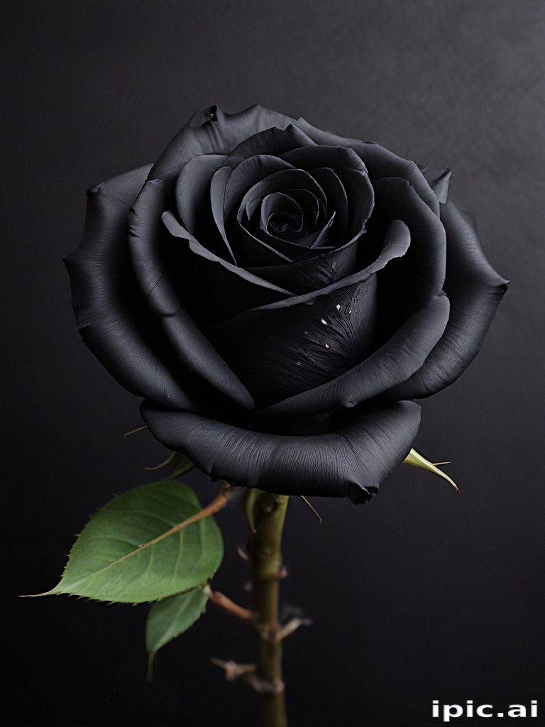 Elegant Black Rose with Dew Drops Against a Dark Background