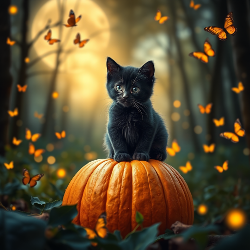 A cute black kitten sitting on a pumpkin in a moonlit forest surrounded by butterflies and glowing lights, captured with a DSLR camera at f/2.8, ISO 100, 50mm lens, in portrait mode for enhanced depth of field and sharpness.