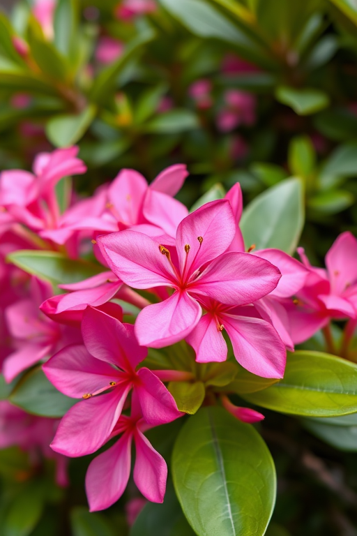 Close-up shot of vibrant pink oleander flowers with green leaves in a natural setting, aperture f/2.8, shutter speed 1/250s, ISO 200, macro lens, DSLR camera, natural light.