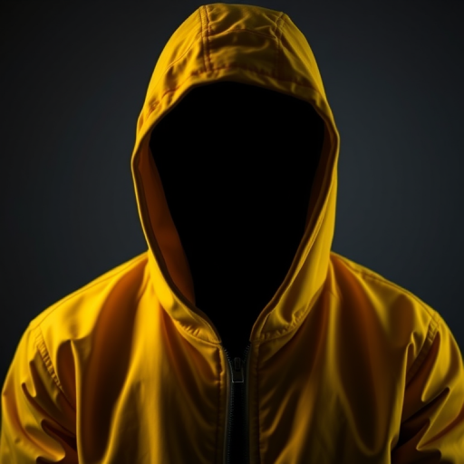 portrait of a faceless figure wearing a vibrant yellow hooded jacket, dramatic lighting, shallow depth of field, 50mm lens, f/1.8 aperture, ISO 200, studio setup with softbox lighting