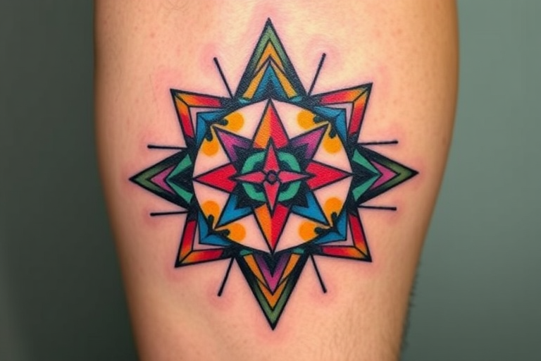 Abstract geometric tattoo named "Sacred Symmetry" featuring bold, colorful shapes and lines arranged in perfect symmetry to create a visually striking and balanced composition