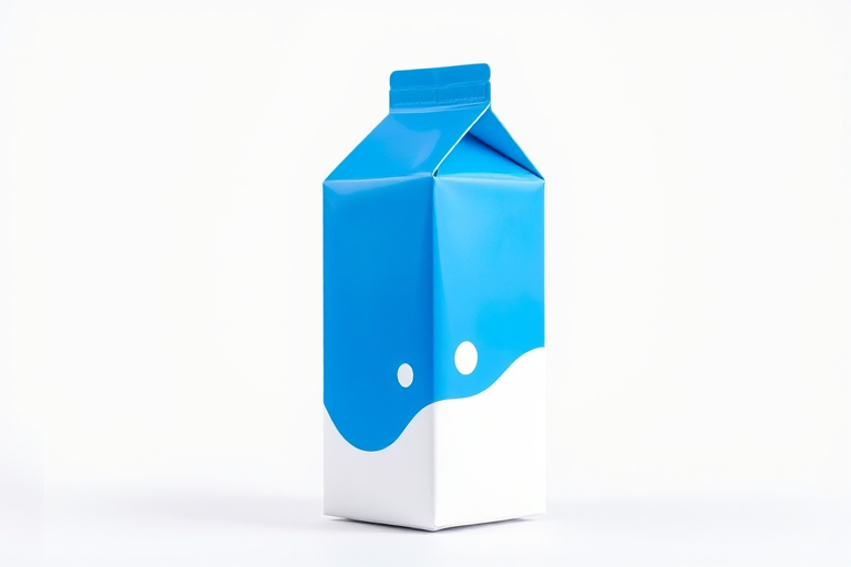 Create a high-resolution image of a blue and white milk carton with a clean background, using a DSLR camera, 50mm lens, f/2.8 aperture, ISO 100, and natural light to enhance the colors and details.