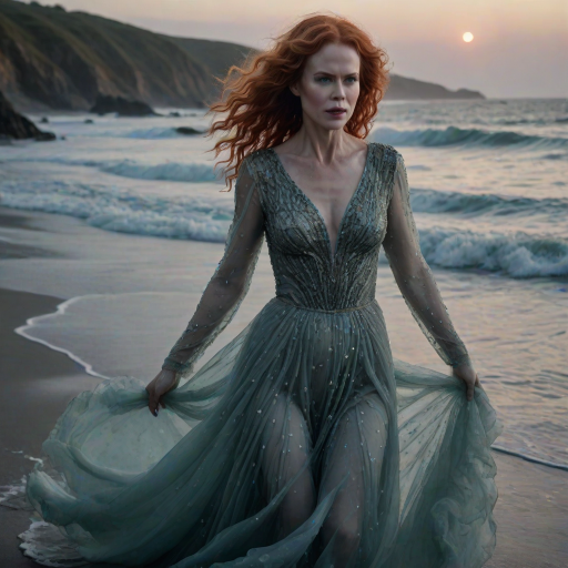 Bewitching image of Nicole Kidman, Big Little Lies star, with her porcelain skin and cascading red curls, emerging from misty waves in a sheer, iridescent gown, on a moonlit beach dotted with bioluminescent algae