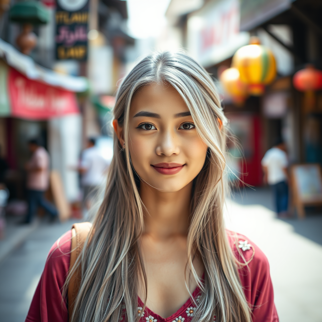 portrait of a young woman with long silver hair in a vibrant traditional city setting, soft natural lighting, shallow depth of field, 50mm lens, f/1.8, ISO 200, DSLR camera