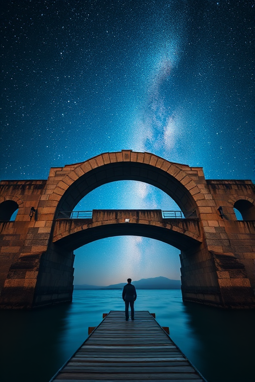 A lone figure stands on a wooden pier beneath a majestic stone bridge that arches against a starry night sky filled with vibrant galaxies and a radiant beam of light illuminating the scene, captured with a Canon EOS R5, 24mm lens, f/2.8, ISO 100, 30-second exposure for enhanced detail and depth in low light.
