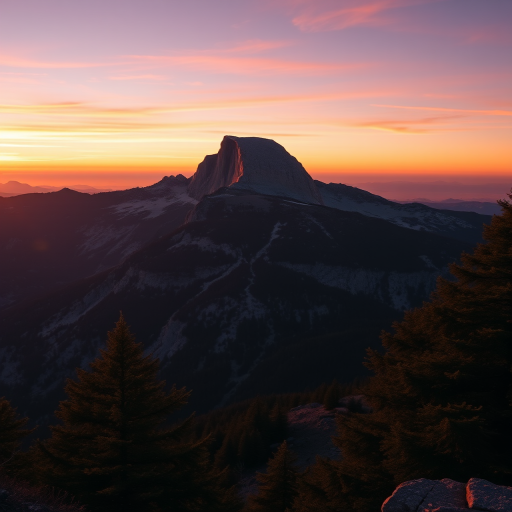 Generate a high-quality image of a mountain landscape at sunset, using a Canon EOS 5D Mark IV with a 24mm lens, aperture set to f/8, shutter speed at 1/100 seconds, ISO 100, in landscape mode, with a vibrant color palette and enhanced contrast.