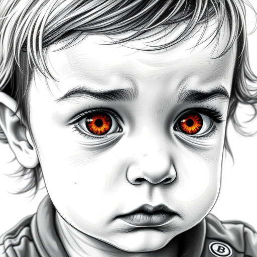 A hyperdetailed photorealistic black and white sketch of a beautiful toddler with deep orange eyes, with a macro focus